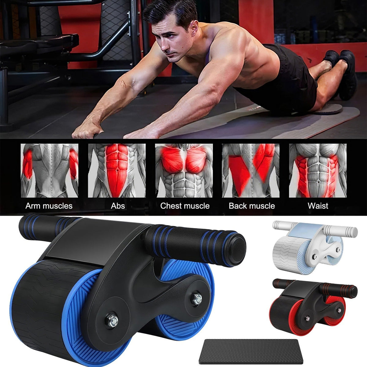 Automatic Rebound Abdominal Wheel Anti-slip AB Roller Wheel with Kneel Pad Phone Holder Home Gym Abdominal Exerciser for Men Women