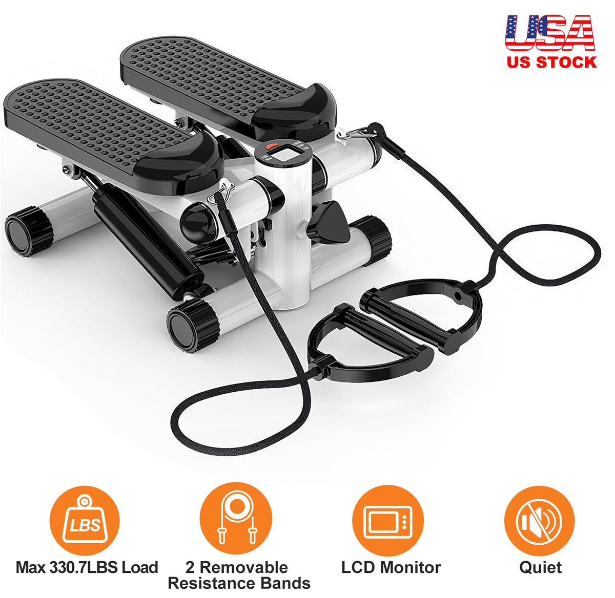 Stepper for Exercise Mini Fitness Stepper with 2 Resistance Bands LCD Monitor Max 330.7LBS Load Stair Stepper Quiet Stepper